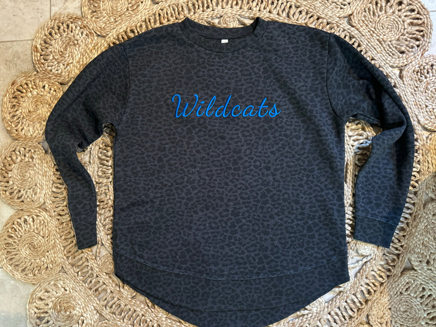 Embroidered Wildcats script leopard sweatshirt